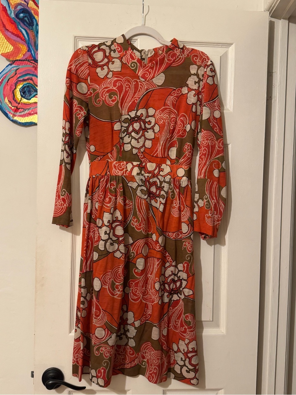 Vintage 70s floral print Long Sleeve Floral Midi Dress in Orange Brown